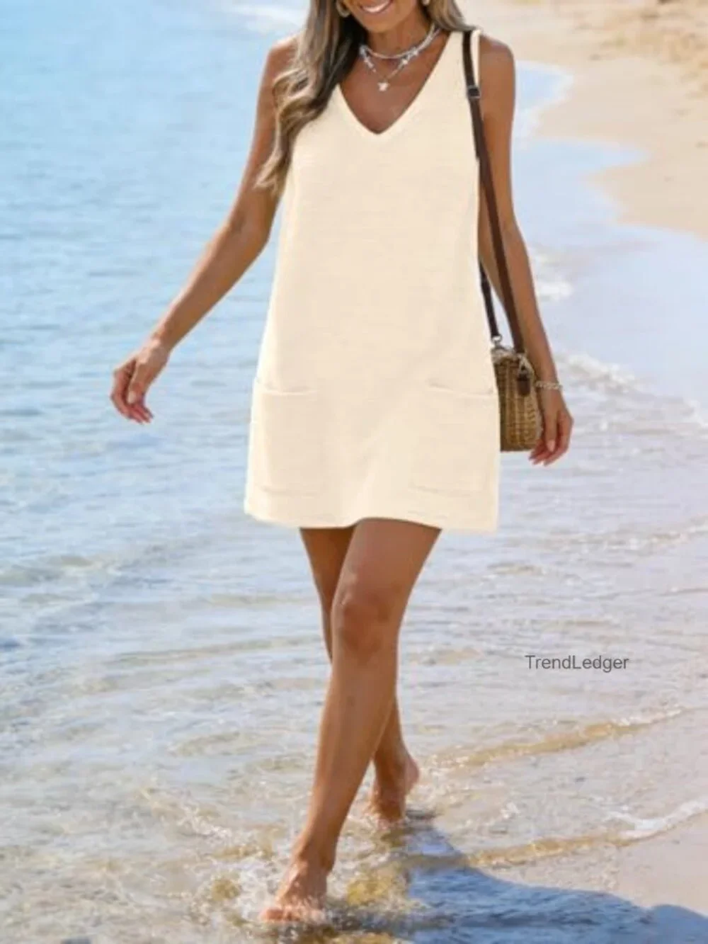 Waffle Knit V Neck Sleeveless Beach Cover Up Dress with Pockets